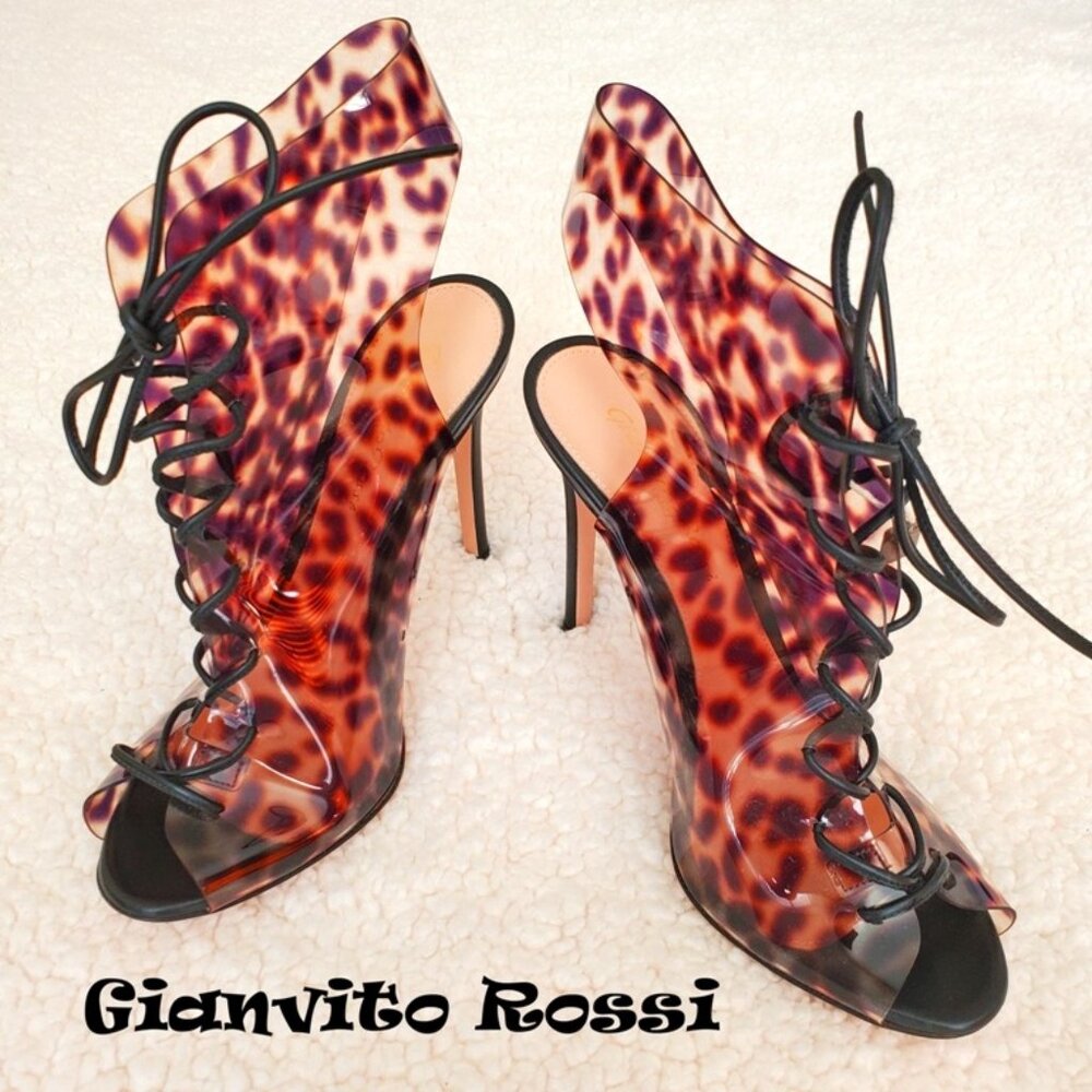 NWT Gianvito Rossi Leather And PVC Peep-Toe Lace-Up Ankle Booties